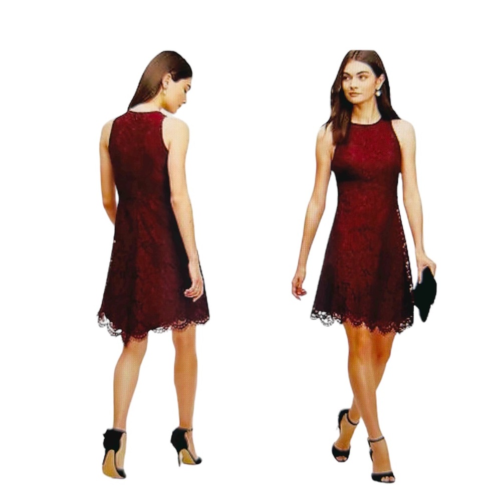 NWT- Ann Taylor Maroon Lace Dress w/ scalloped hemline - Picture 2 of 8